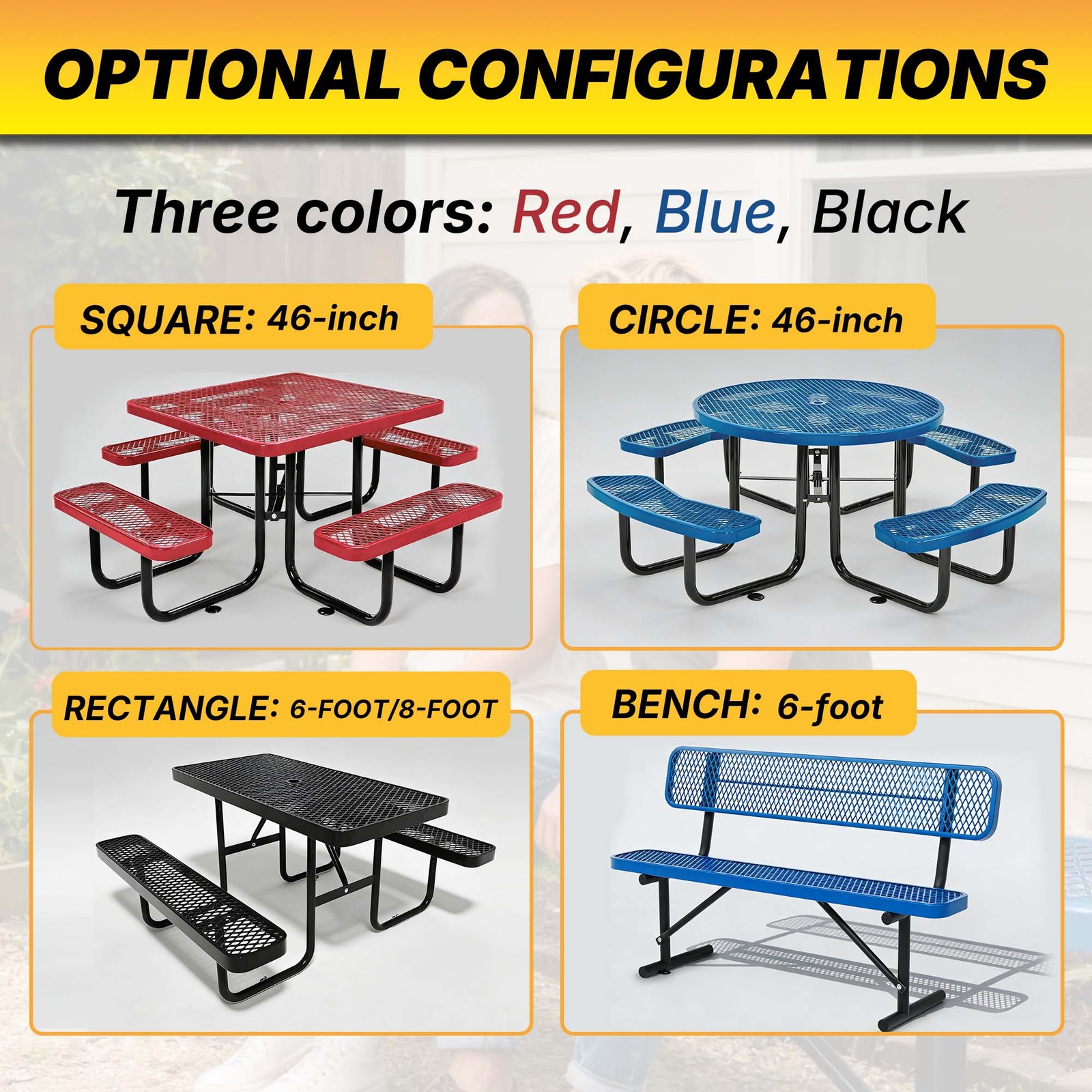 LAUCO 46 Inch Round Metal Picnic Table with Attached Benches, Red Thermoplastic