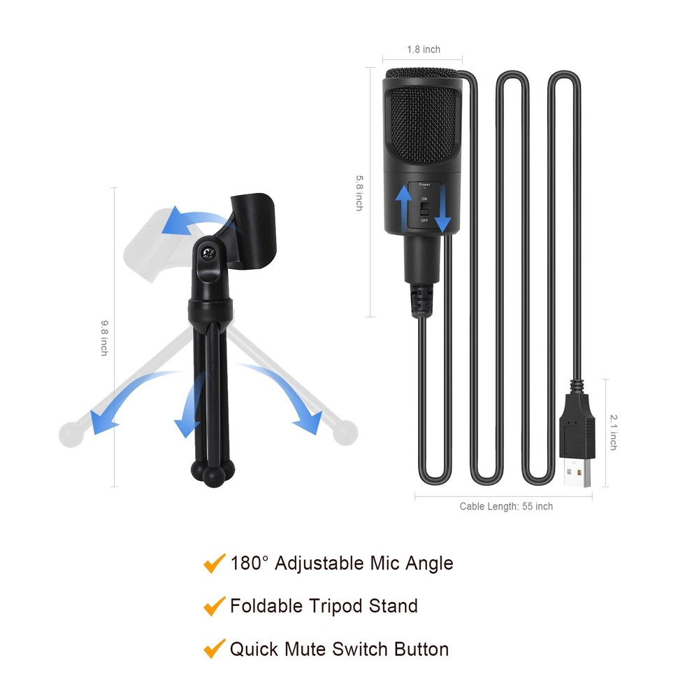 PC USB Microphone, Podcast Condenser Mic with Foldable Tripod Mute Switch for...