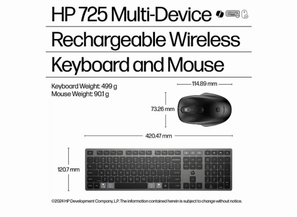 HP 725 Wireless Keyboard & Mouse Combo Rechargeable Multi-Device Bluetooth USB