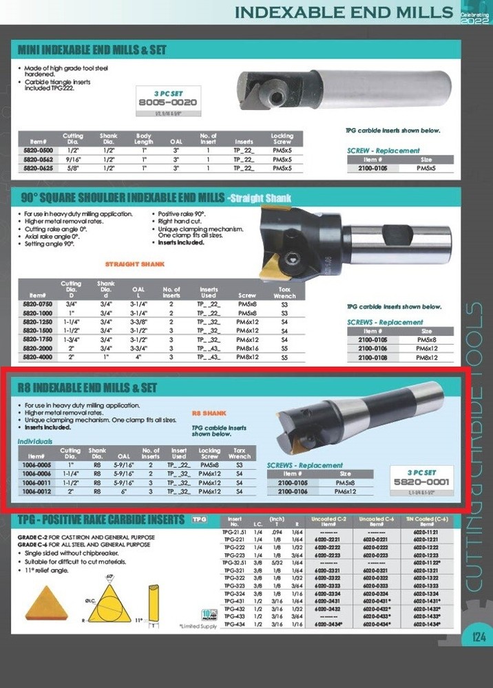 1" R8 INDEXABLE END MILL (1006-0005)