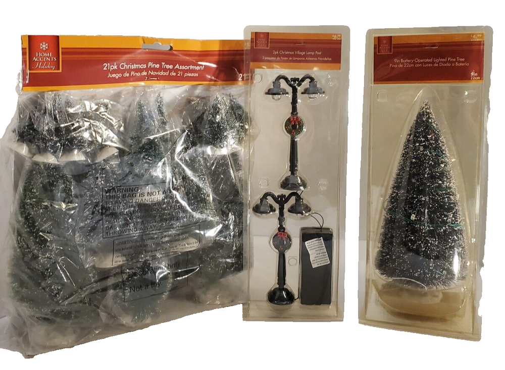 HOME ACCENTS CHRISTMAS BUNDLE 21 Pine Trees, 1 Lighted Pine Tree & 2 Lamp Posts