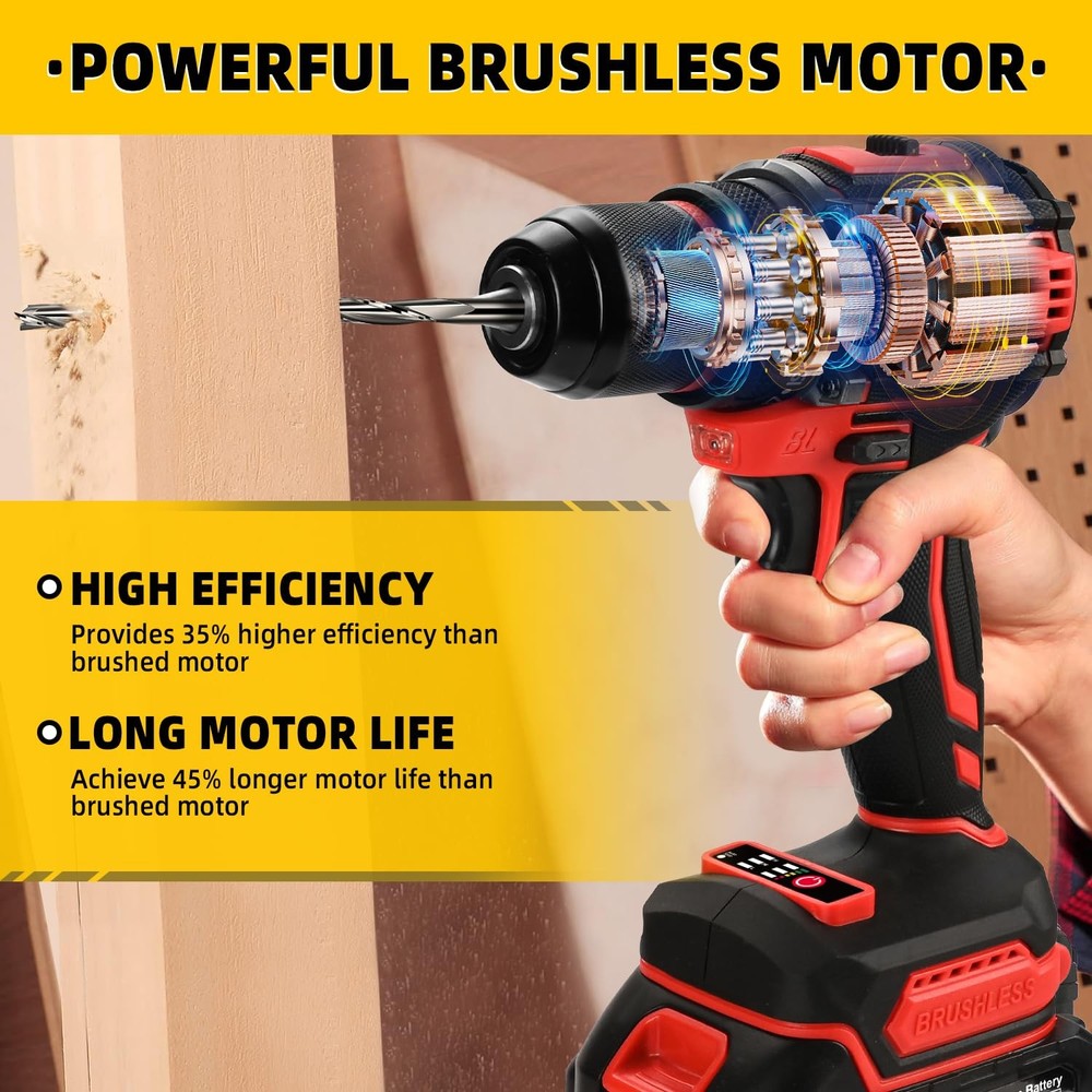 21V Cordless Power Drill/Driver Set, 2 Variable Speeds with LED Light, 3/8" K...