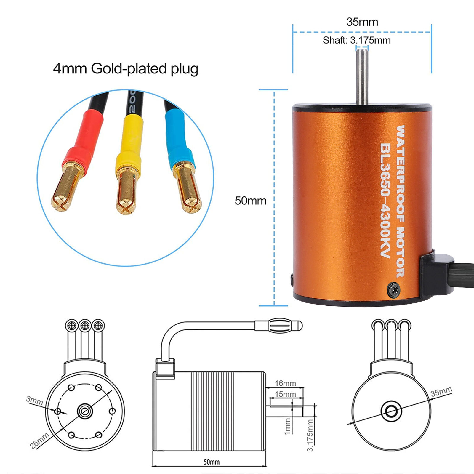 Brushless Motor Waterproof 3650 4300KV Upgrade w/ 60A ESC Combo for 1:10 RC Car