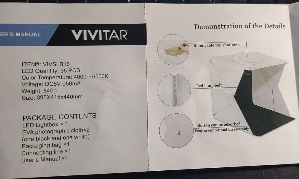 Vivitar 16" Led Lightbox Snap Assembly With USB LED lightbar. 