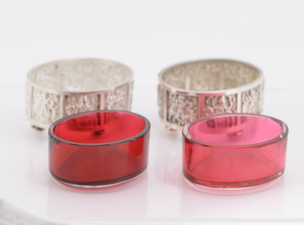 Pair Antique Victorian Sterling Silver & Cranberry Glass Salts Hallmarked 1888