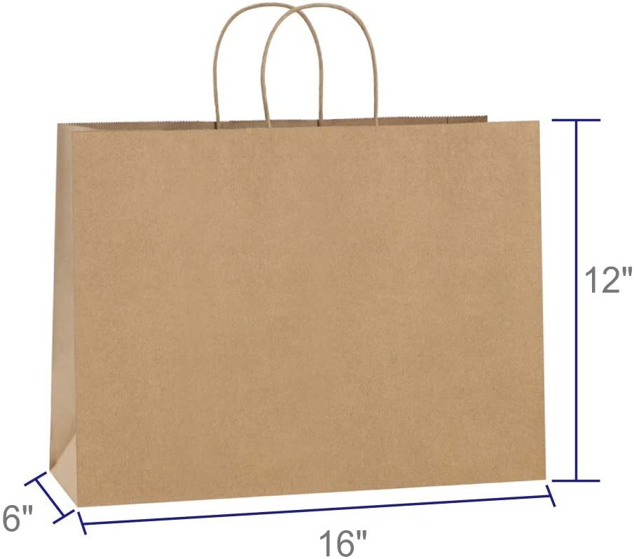 100 Paper Shopping Bags Natural Kraft 16" x 6 x 12" Retail Merchandise Handles