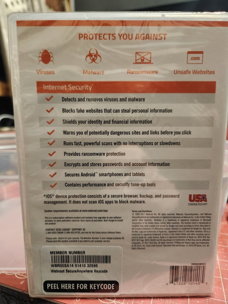 Webroot Secure Anywhere Internet Security 3 Device Software CD Windows IOS Mac