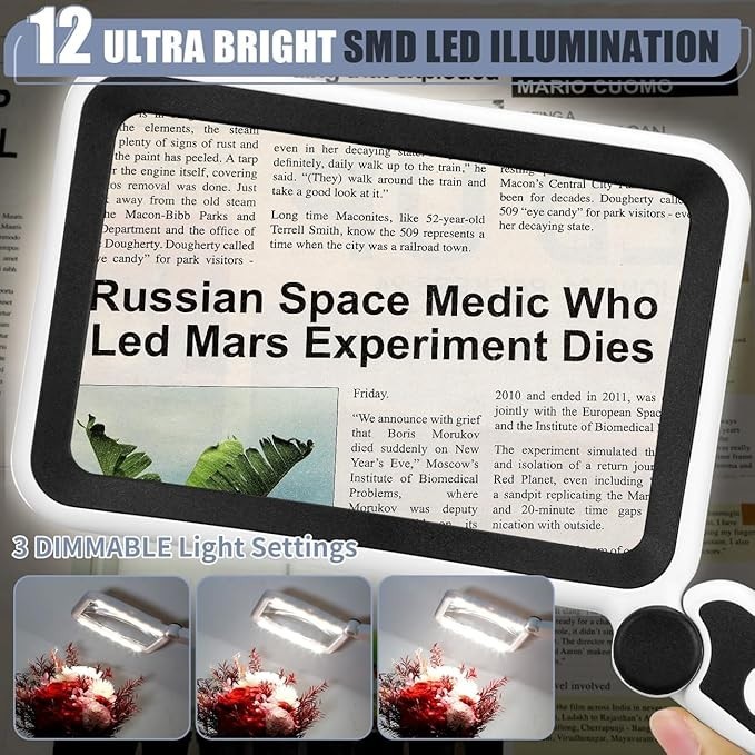 5X Magnifying Glass W/Light Rechargeable LED Handheld Reading Low Vision Seniors