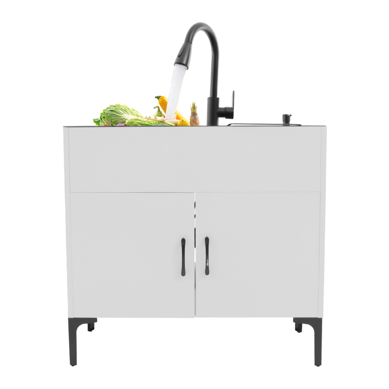 Stainless Steel Sink with Pull-Out Faucet and Cabinet Freestanding Kitchen Sink
