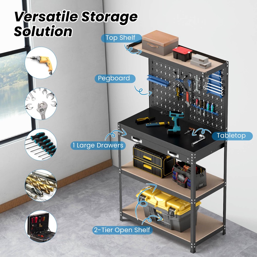 Multi-use Workbench with 2 Shelves Heavy-Duty Work Table Tool Storage Bench