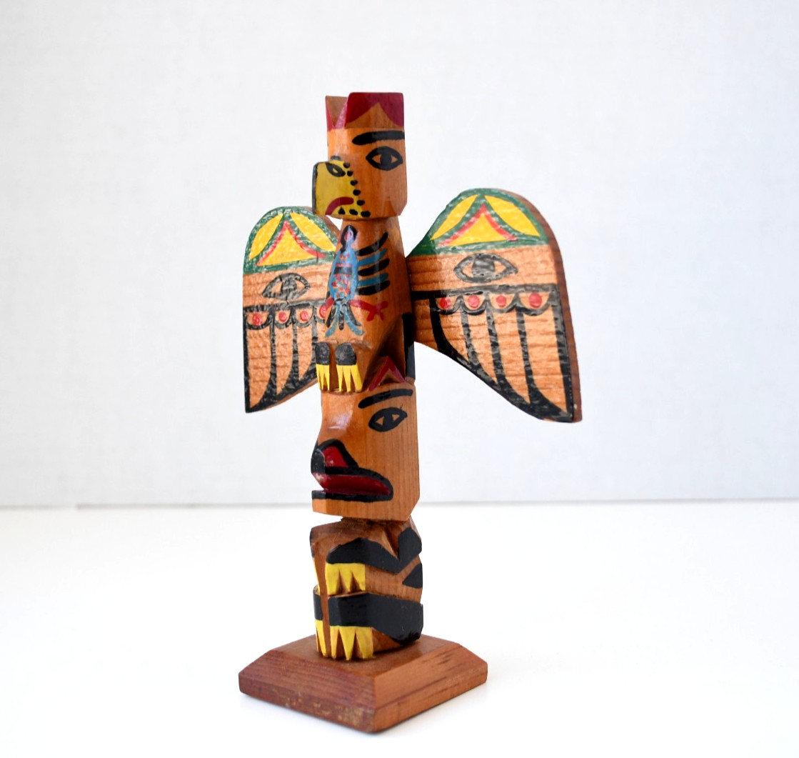 Vintage Alaskan PWC Cedar Totem Pole Thunderbird and Wolf 1930's Perfect 7x5