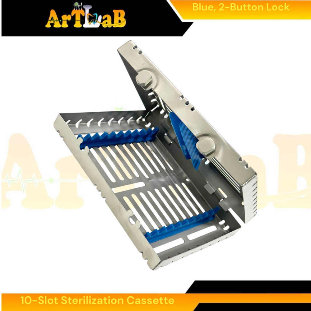 Double-Button Sterilization Cassette for 10 Instruments, Dental, Veterinary Blue
