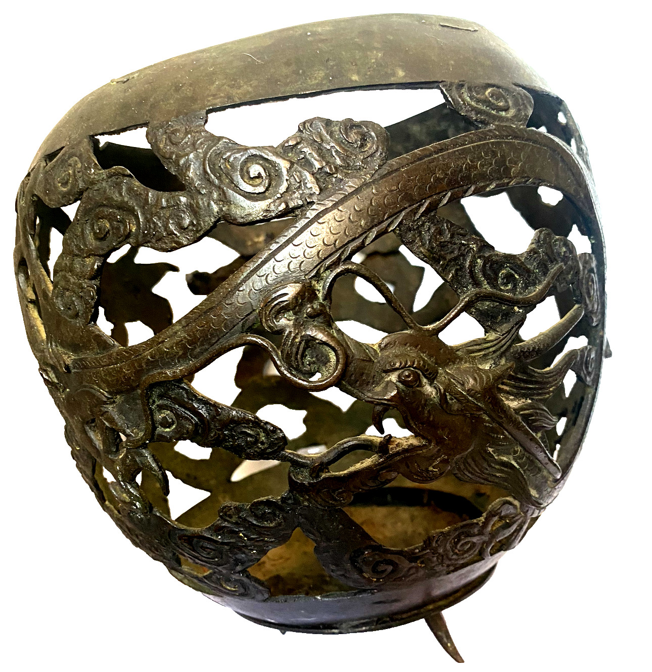 Antique Chinese Qing Dynasty Openwork Bronze with Dragon & Clouds 9” 4lbs c.1900