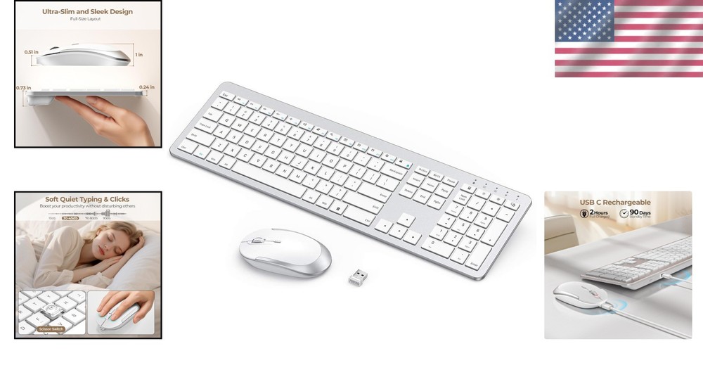 Rechargeable Full-Size Wireless Keyboard and Mouse - Modern Silver & White Combo