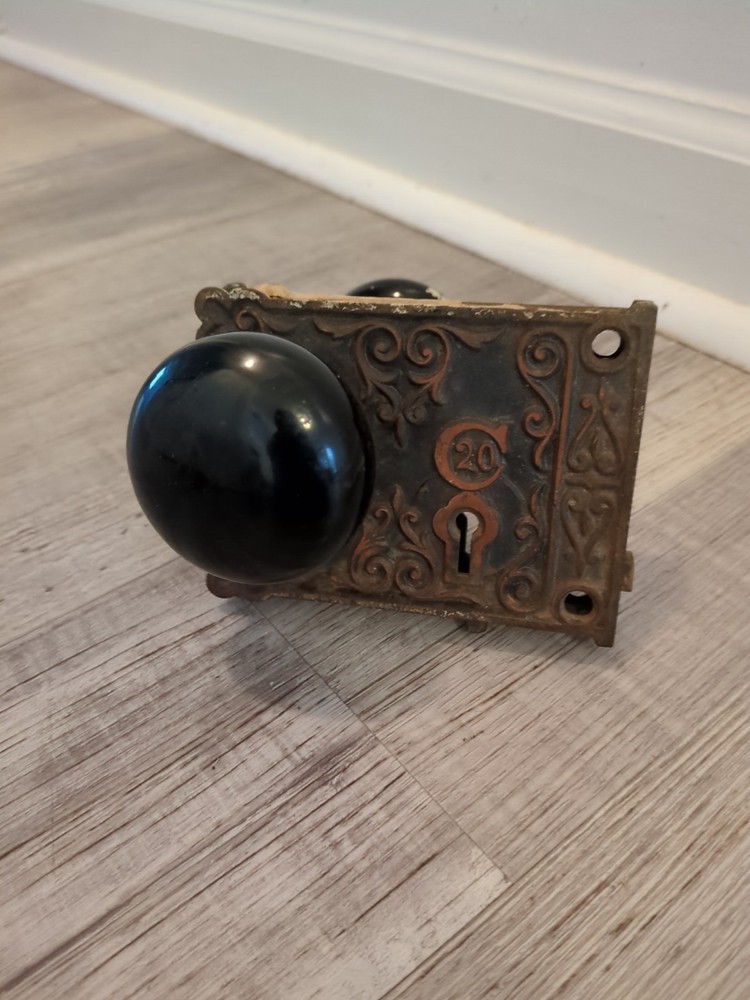 Antique Beautiful Hardware Rim Lock with Ceramic Black Knobs No Key