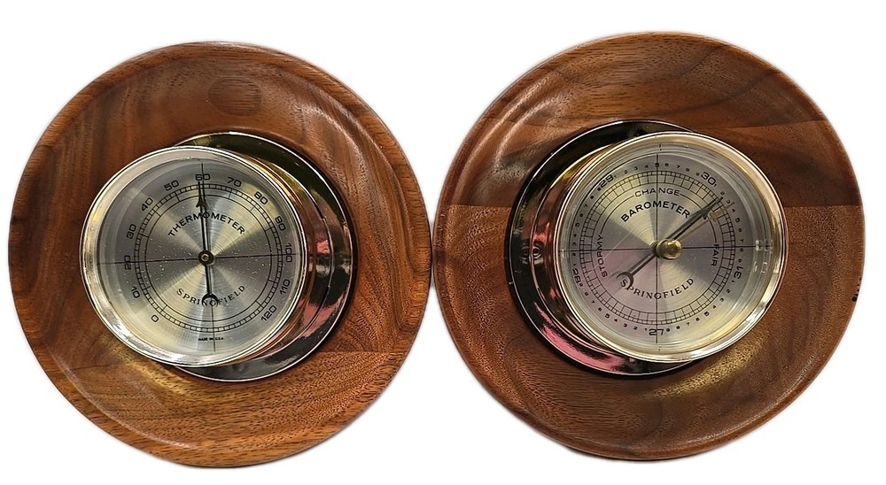 Vintage SPRINGFIELD Set Therometer & Barometer Solid American Walnut Round 5.5"