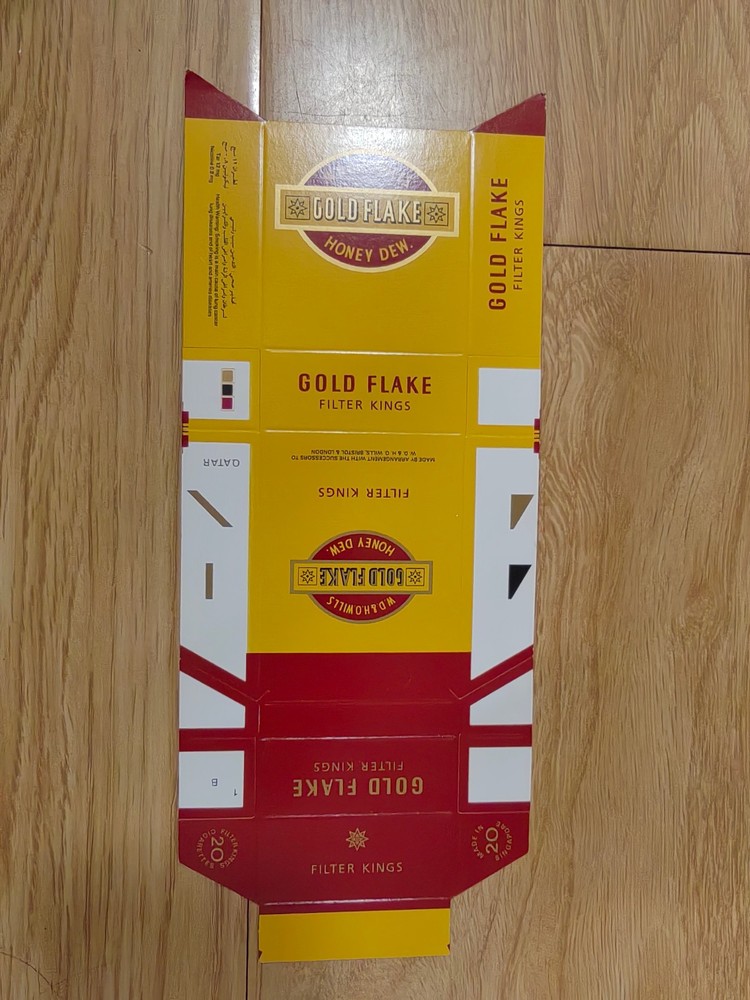 opened empty cigarette hard pack-84 mm-Qatar-Gold flake
