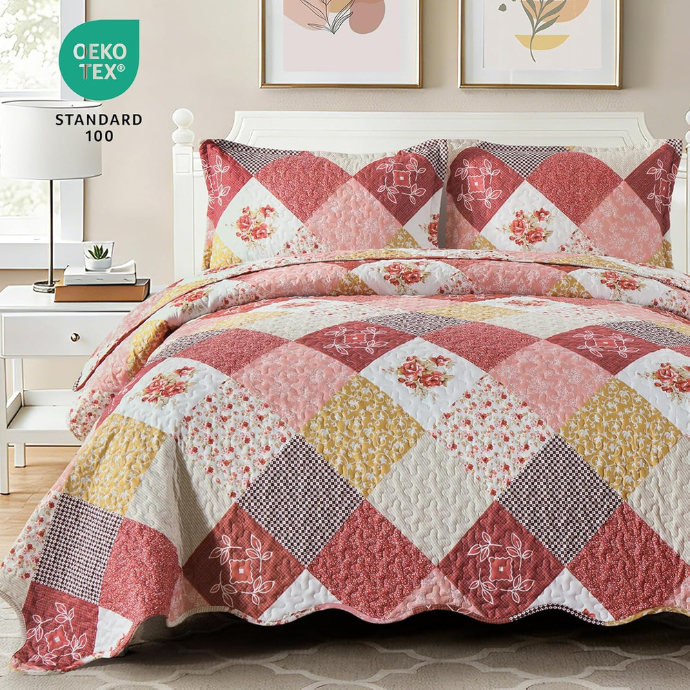 Romantic Pink Quilt Set Queen Size, Reversible Floral Plaid Patchwork Pattern Be