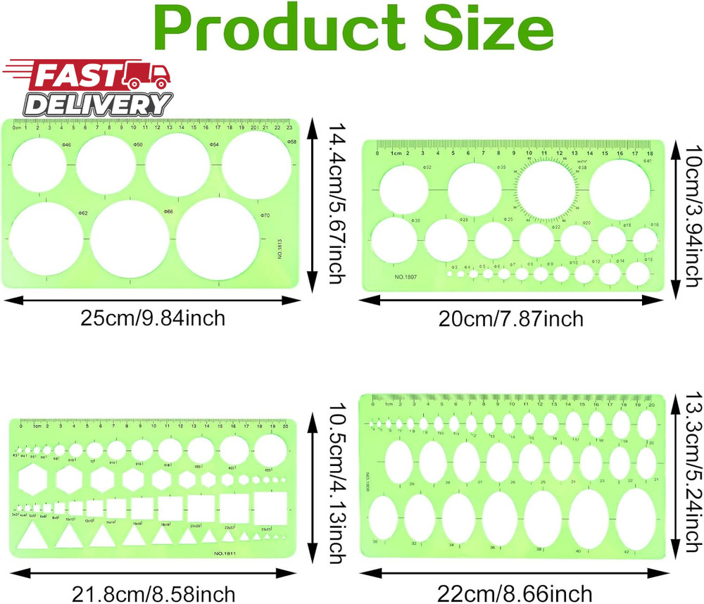 Circle Template for Drawing Drafting, 4Pcs Plastic Circle/Oval/Triangle Shape St