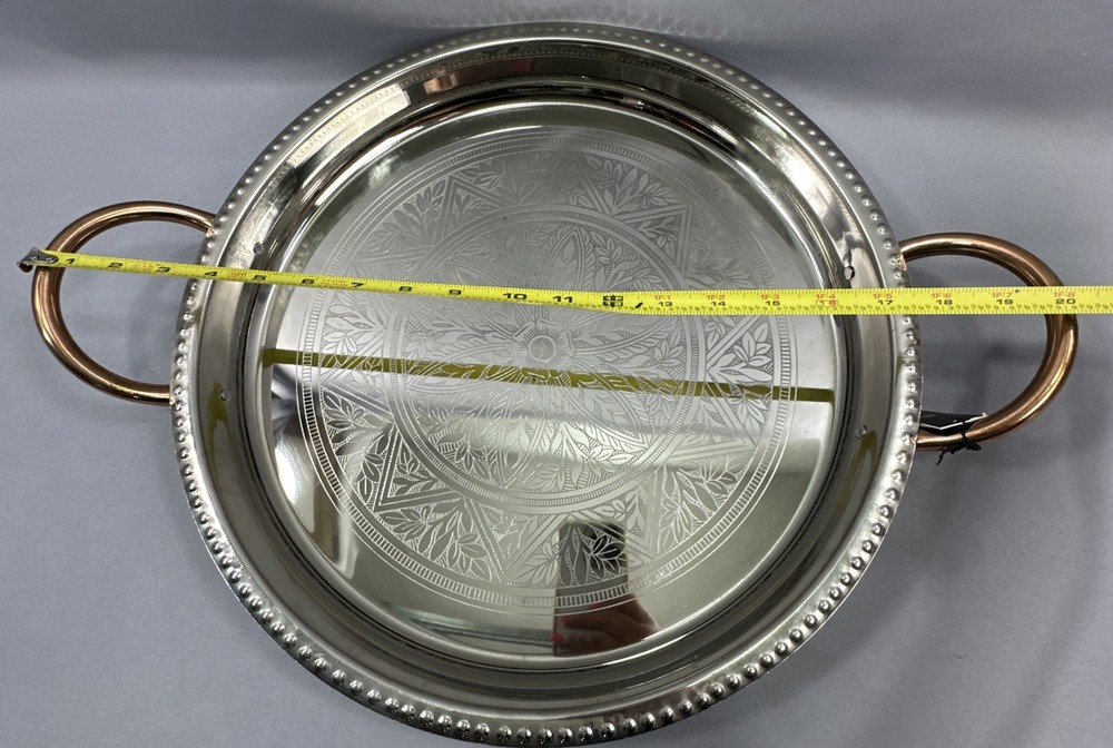 Vintage Large 16.5” Silverplate Silver Round Serving Tray w/Copper Handles India