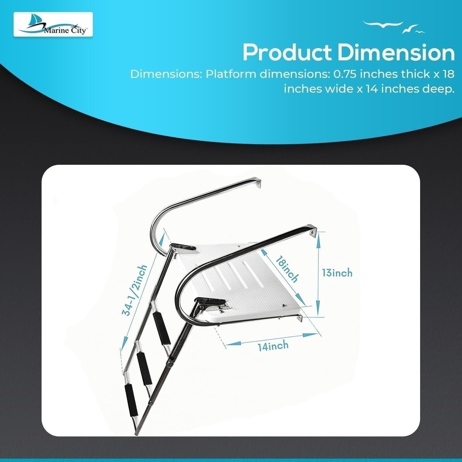 MARINE CITY 304 Stainless Steel 3 Step I/B Swim Platform Telescoping Ladder