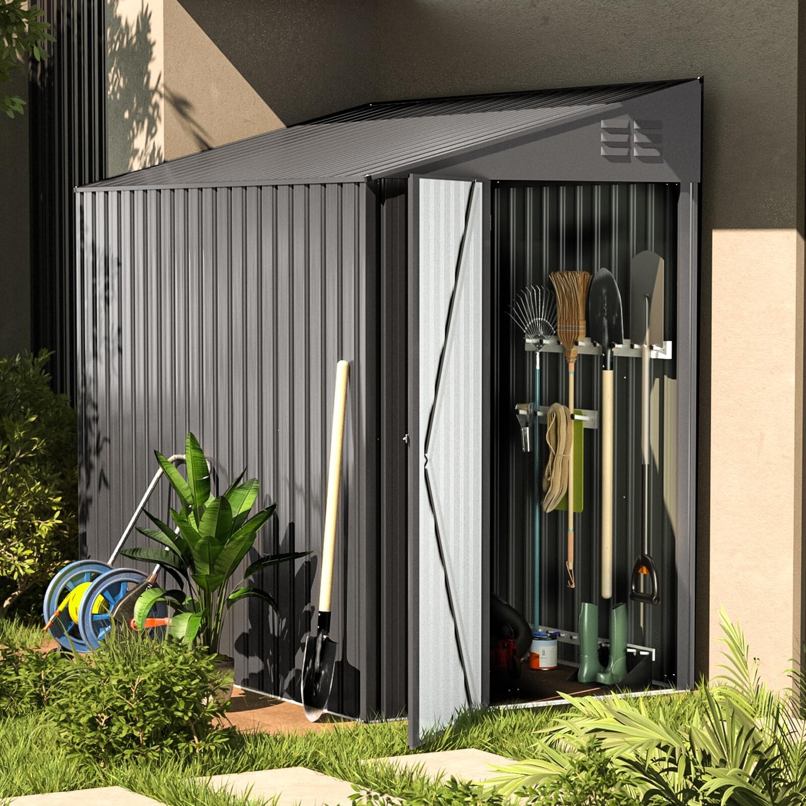 Lean to Garden Storage Shed Outdoor Metal Tool House w/ Lockable Door Multi-size