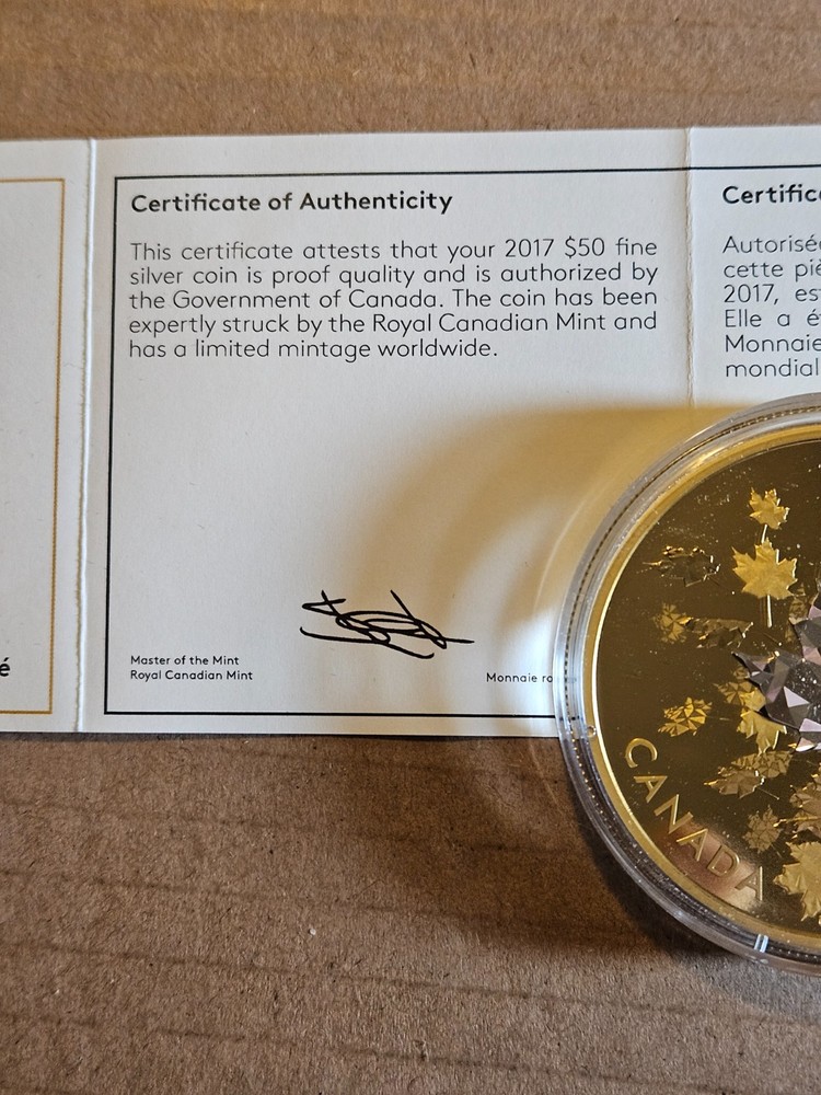 2017 $50 silver 3 oz whispering maple leaves .