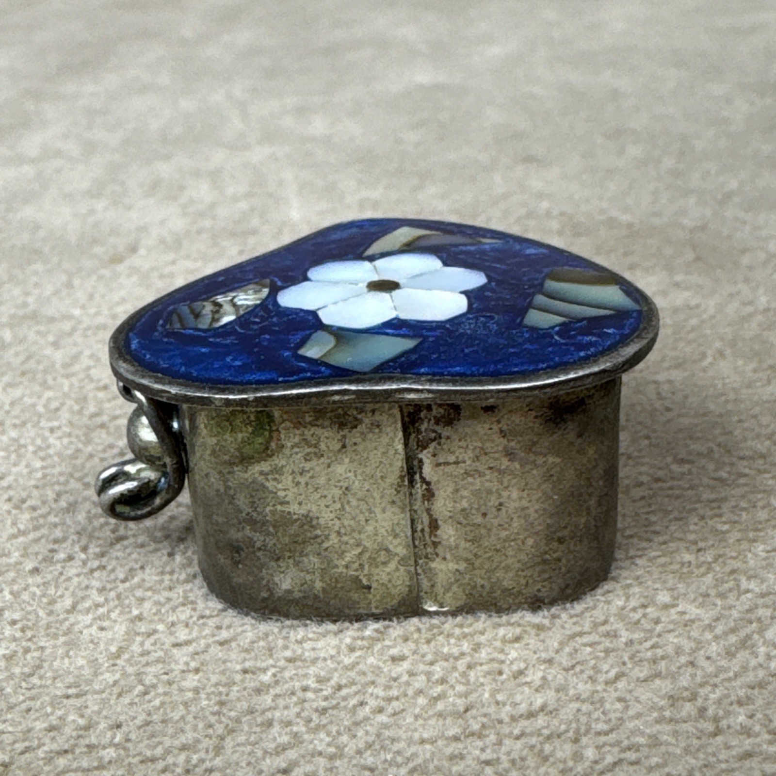 VTG Alpaca Mexico Silver Abalone Shell Inlay Pill Box Trinket-Flower Heart Daisy