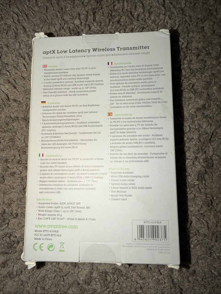 Avantree Audikast aptX Low Latency Bluetooth 5.0 Audio Transmitter for TV/PC