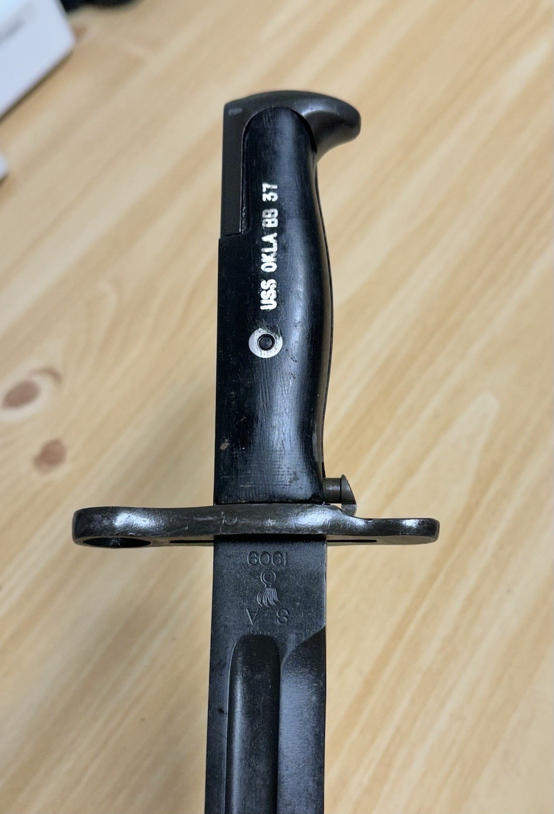 Pre-WWI US M1905-E1 10” Bayonet SA 1909 Springfield Armory Marked USS OKLA BB 37