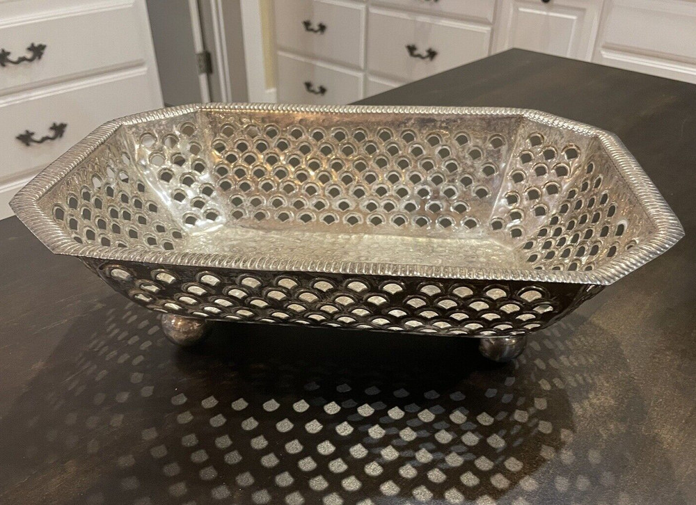 Vintage Silver Tone Ornate Rectangular Open work Hammered Footed Basket 55