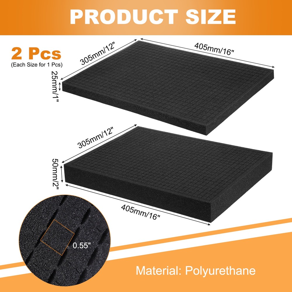 Precise Polyurethane Foam Thicknesses 16"Lx12"W (2pcs, Black) for Padding