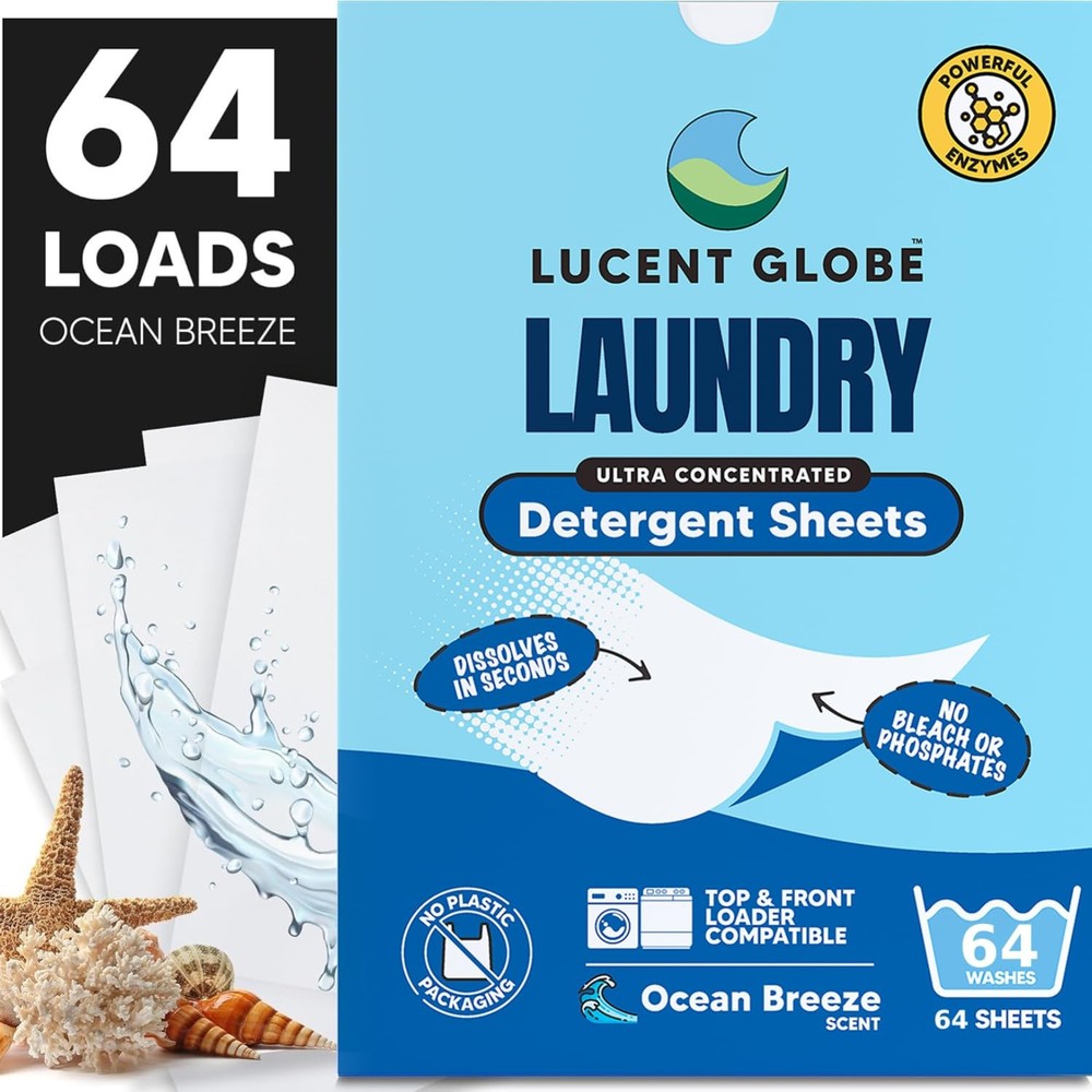 Lucent Globe Laundry Detergent Sheets. Pre-Measured 1 Pack - 64 Washes, Blue