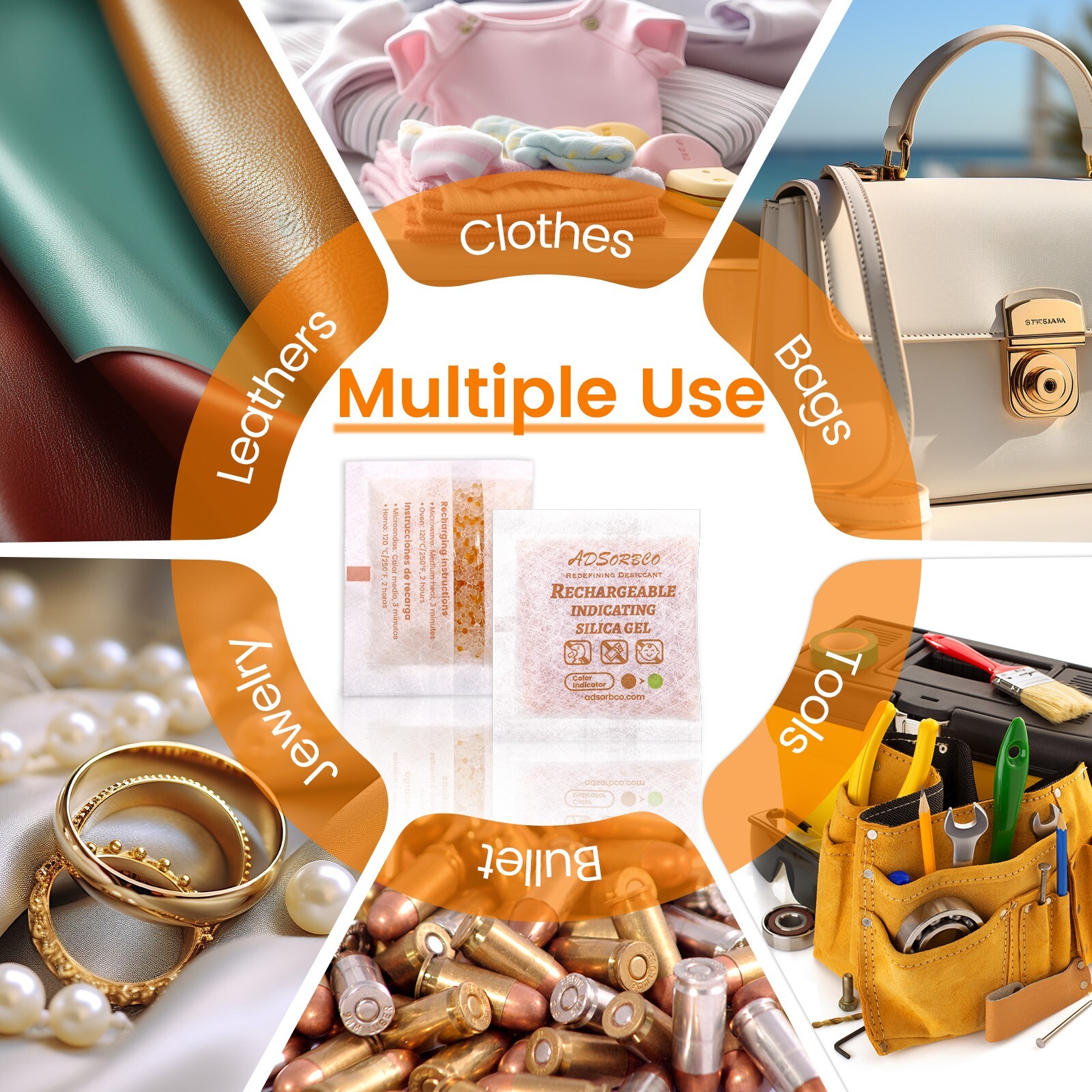 [2 Gram 100 Packages] Adsorbco Rechargeable 20% Orange + 80% White Silica Gel