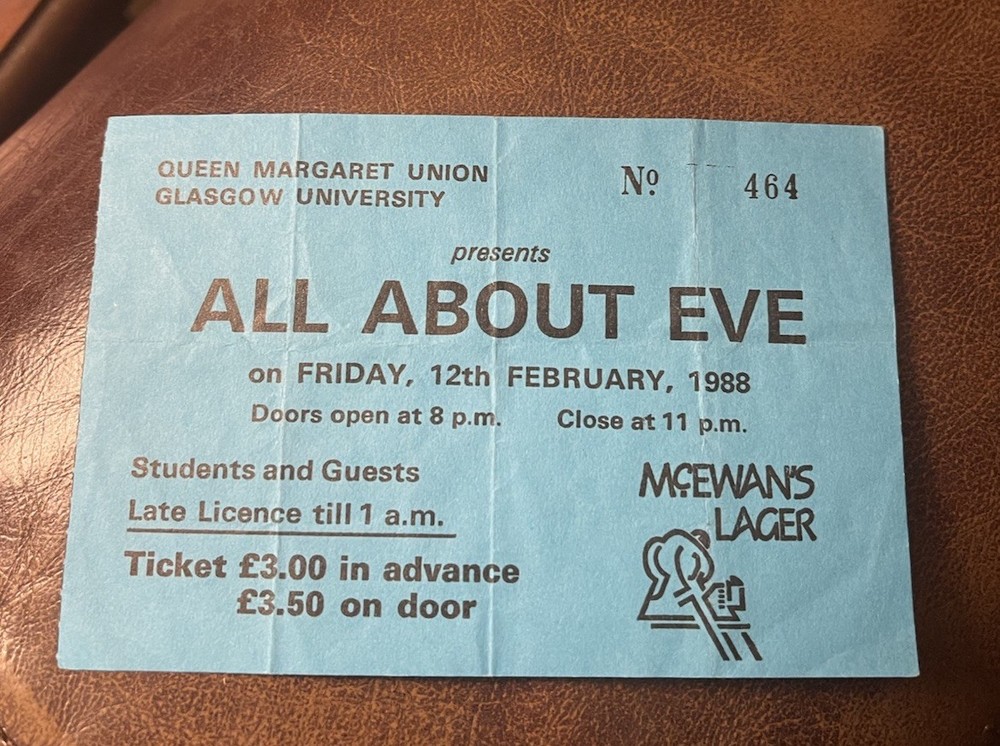 ALL ABOUT EVE RARE CONCERT TICKET STUB GLASGOW, SCOTLAND 02/12/1988