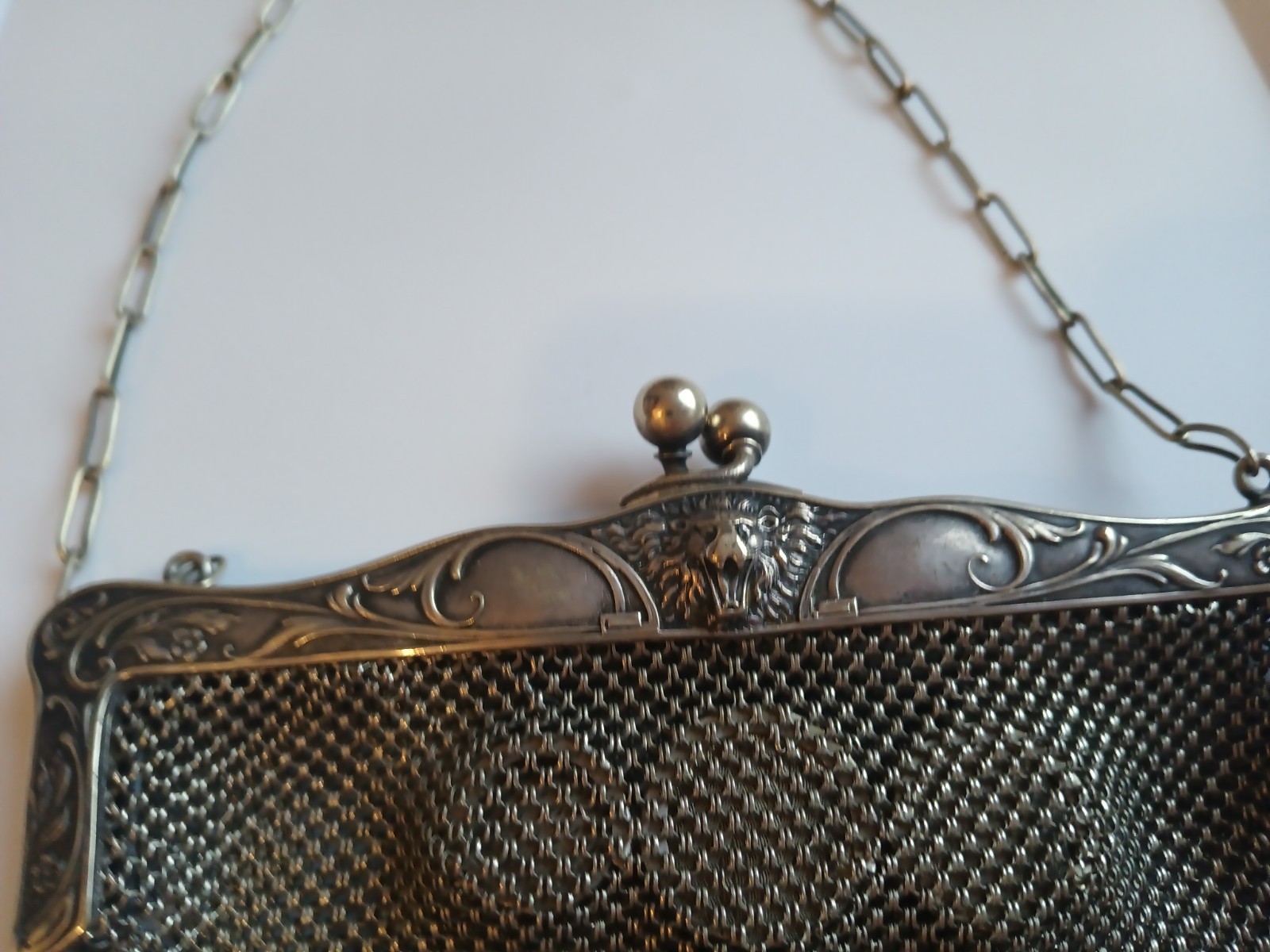 Antique Silver Plated Ornate Lion Mesh Hand Bag Purse W/ Change Holder