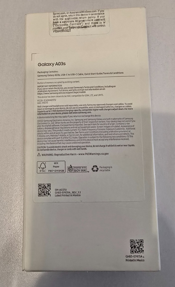 Galaxy A03s Clean and Undamaged Does not Include Accessories WT(Empty Box Only)