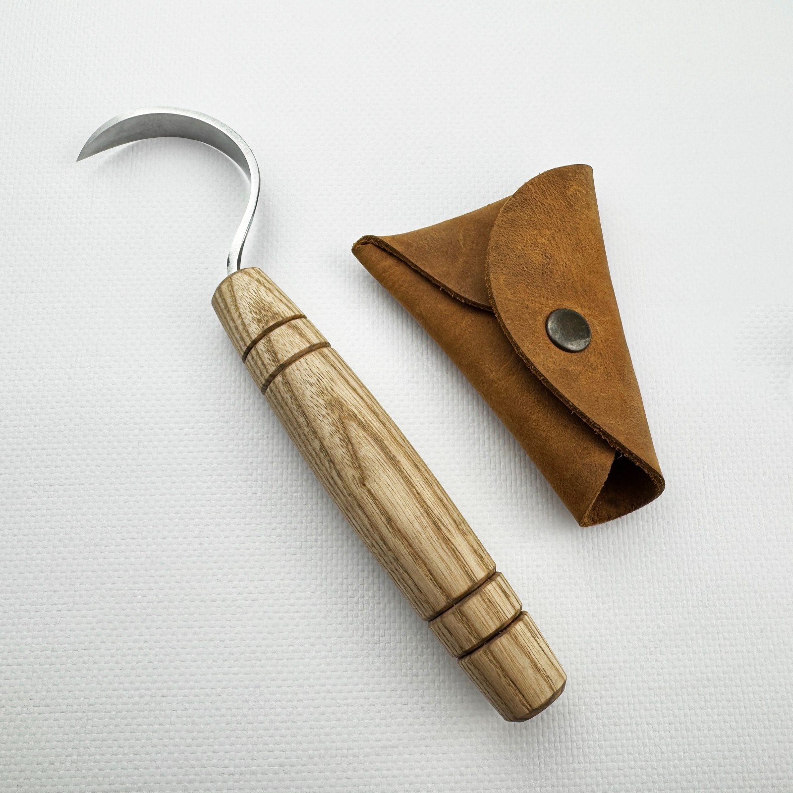 Hand-Forged Hook Knife – 52100 Steel Blade, Ash Handle, With Leather Sheath