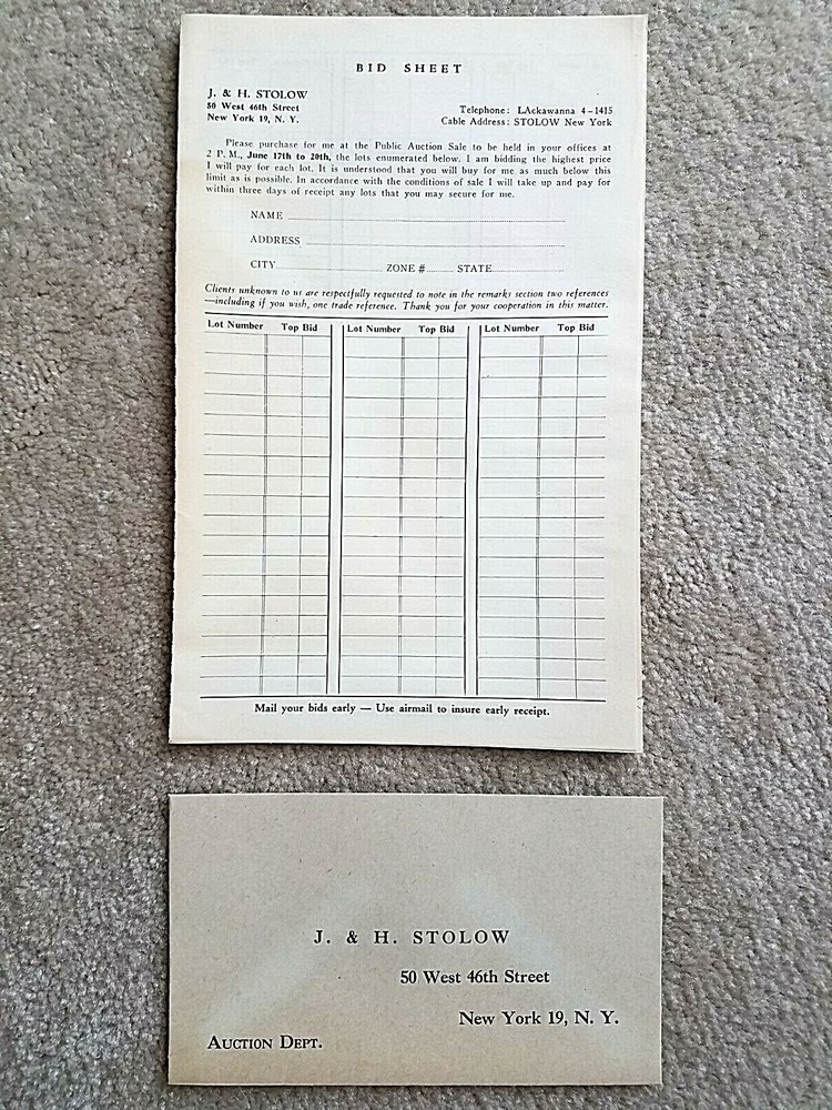 Public Stamp auction catalog J&H Stolow 1946
