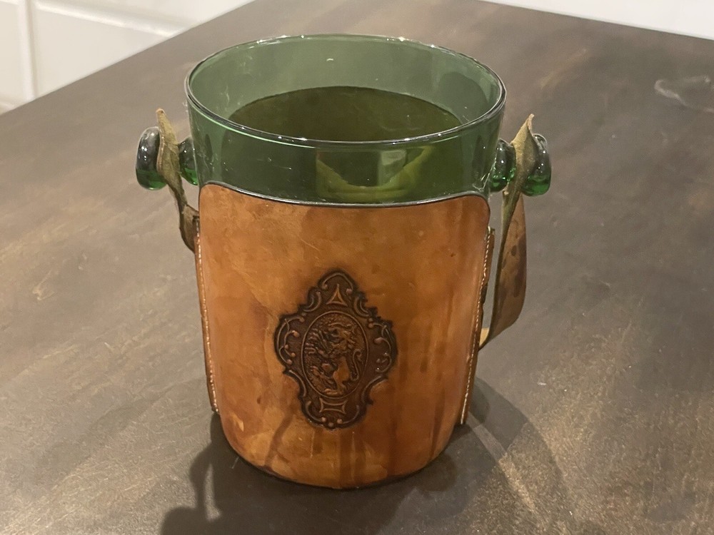 Vintage Green Glass Tooled Leather Wrapped Ice BUCKET Lion Leather Strap B60