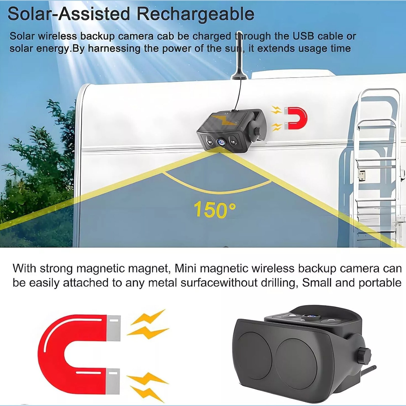 1080P Solar Magnetic Wireless RV Backup Camera 5" Car Monitor for Trailer Truck