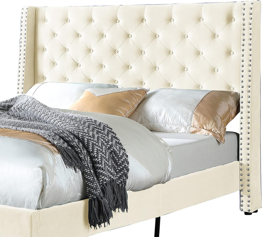Chic Tufted Wingback Bed Frame, Sturdy Wood, Full Size, Beige