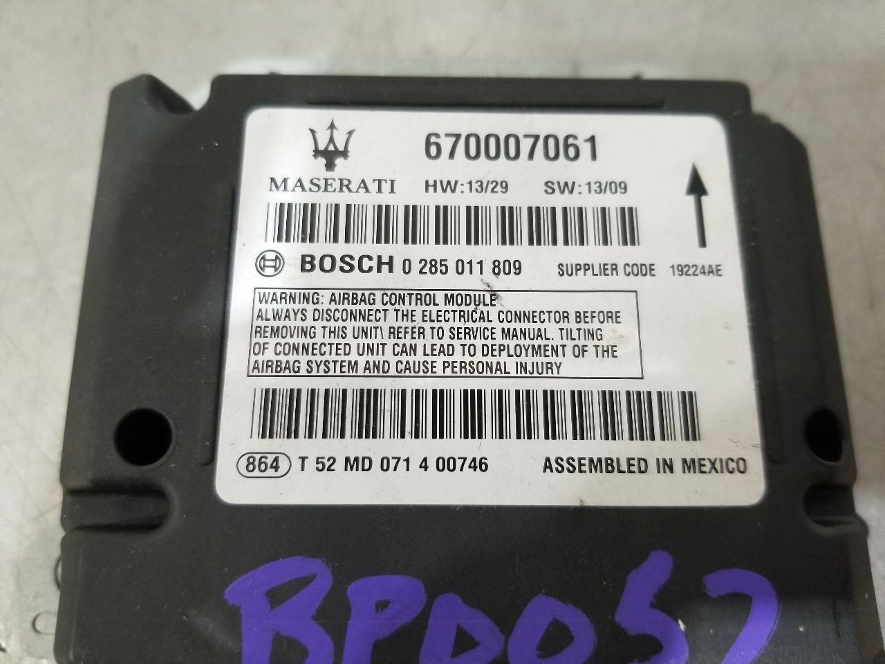 14 2014 MASERATI GHIBLI SQ4 SRS CONTROL MODULE 670007061