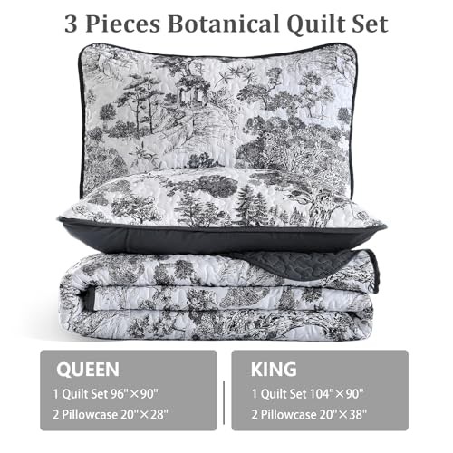 Botanical Quilt Set Size 3 Pieces Toile Floral Plants Printed Queen Black