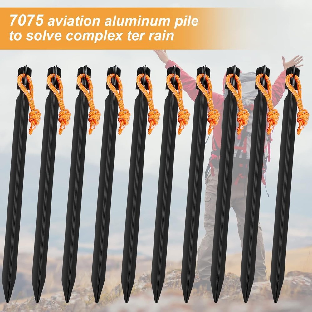 10 Pack Heavy Duty Aluminum Tent Stakes with Reflective Pull Ropes, Triangular G