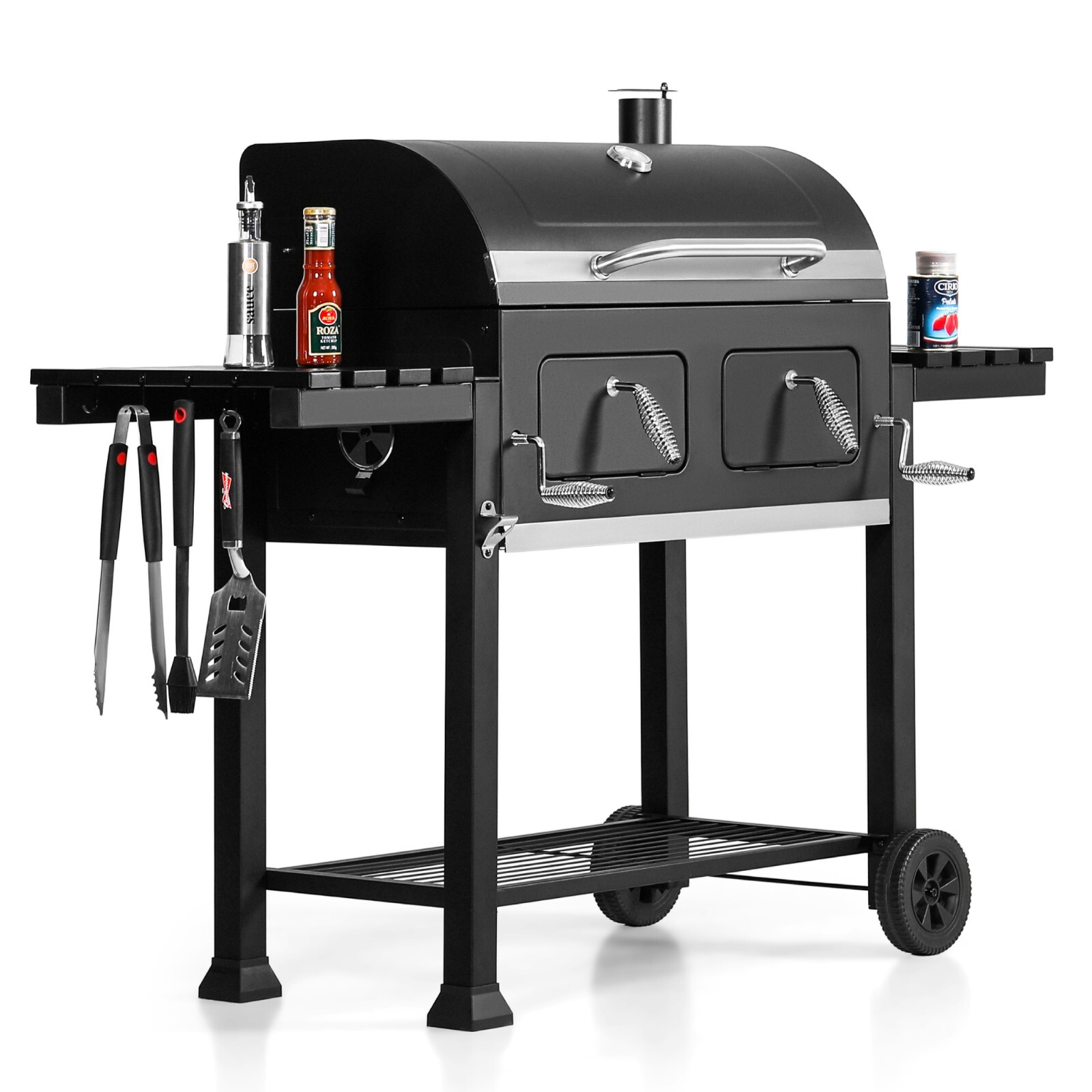 Charcoal Grill BBQ Barbecue Smoker Heavy Duty Outdoor Patio Cooker w/Side Tables