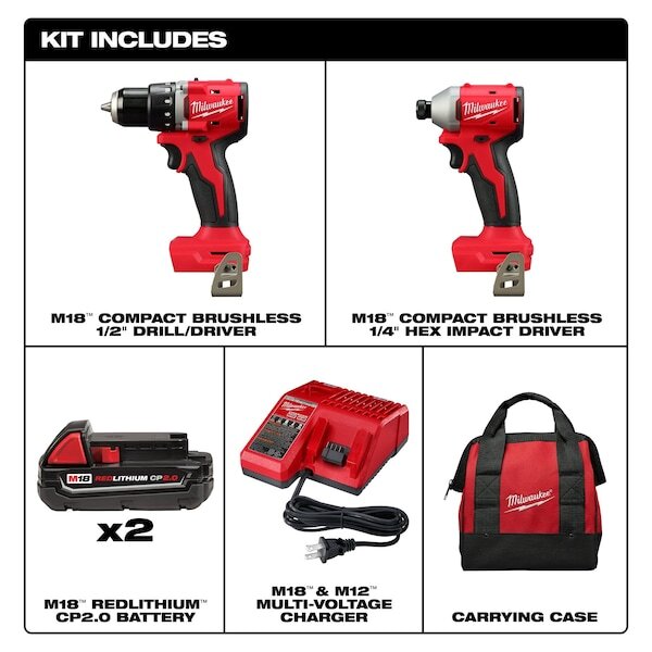 Milwaukee Tool 3692-22Ct M18 Compact Brushless 2-Tool Combo Kit