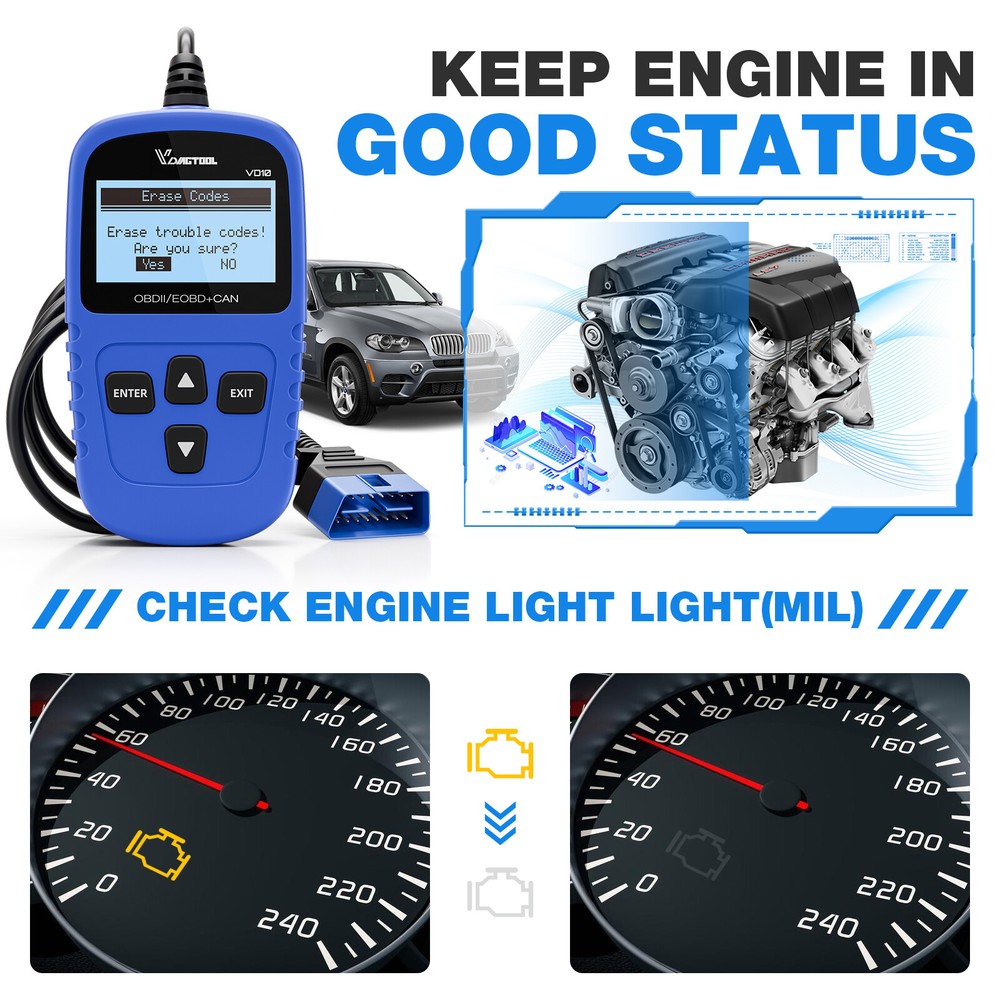 VDIAGTOOL VD10 OBD2 Scanner Car Diagnostic Tool Scanner Read/ Erase Code I/M