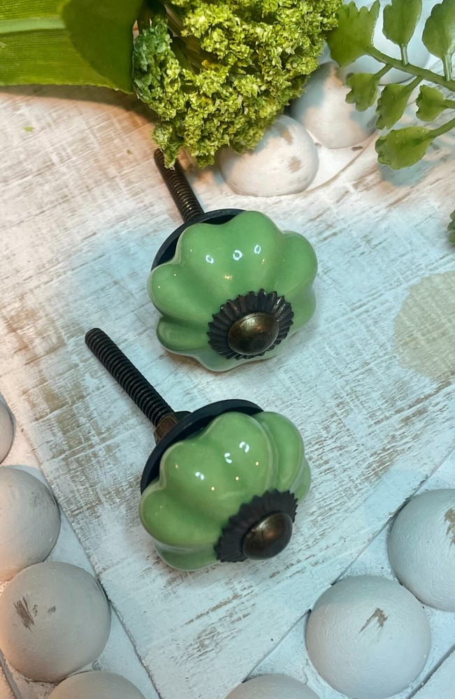 2 Brass 1.25" JADEITE GREEN Kitchen Cabinet Drawer Knobs Depression Caramic