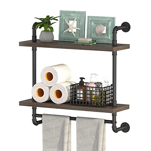 Helsin 24in Industrial Pipe Shelving, 2 Tier Rustic Wood Floating Bathroom